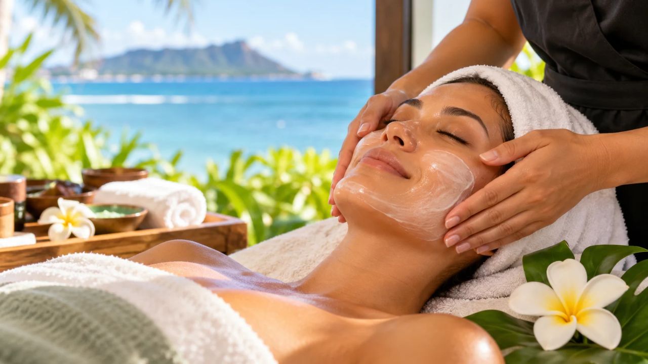 Woman receiving a facial treatment at a tropical spa overlooking the ocean in Hawaii.